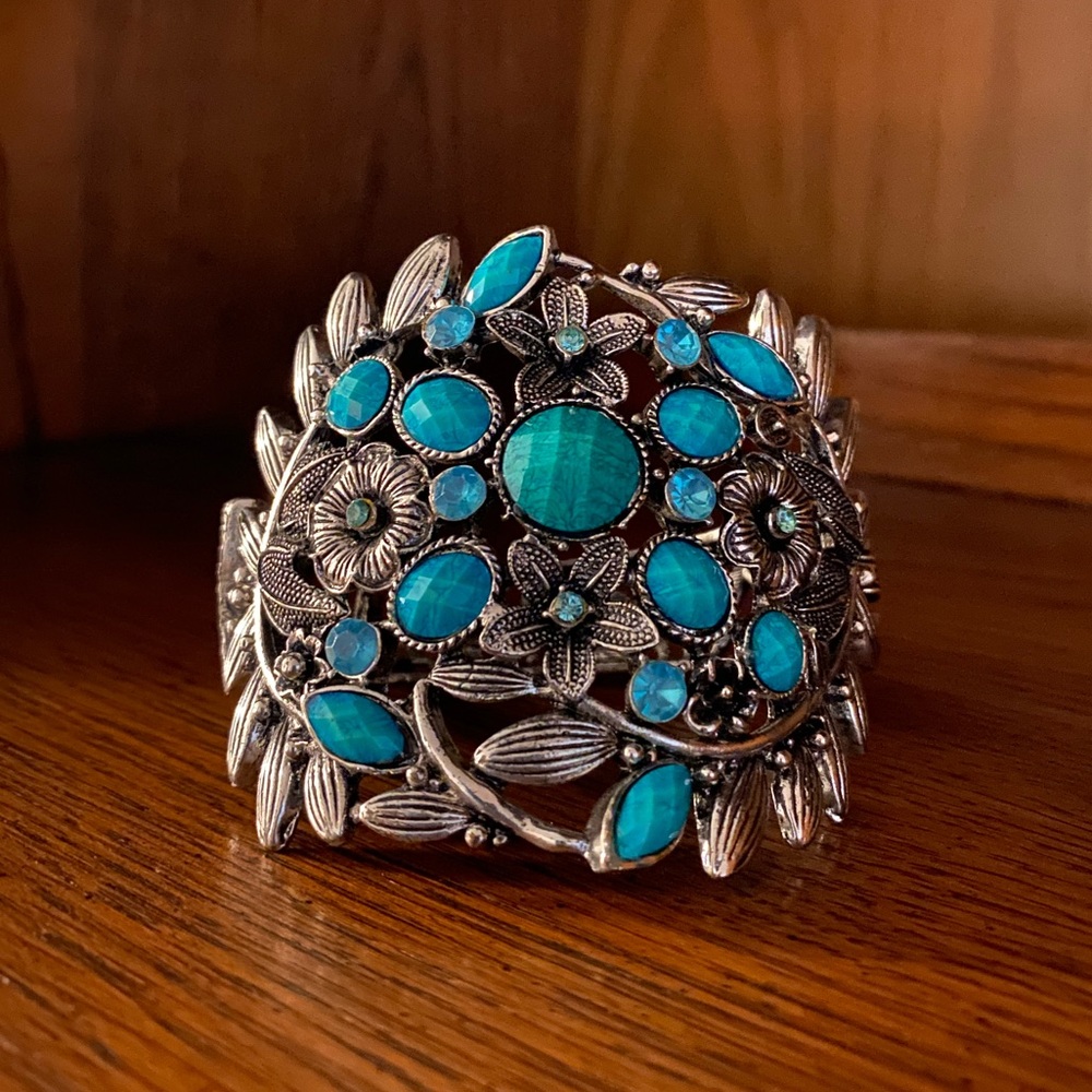 Ornate Turquoise Floral Hinged Cuff Bracelet Silver Tone Boho Statement Jewelry